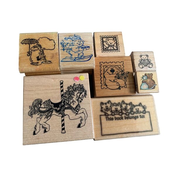 Assorted Wooden Rubber Stamps Scrapbooking - Carousel Horse Cute Animals & More - Picture 1 of 6